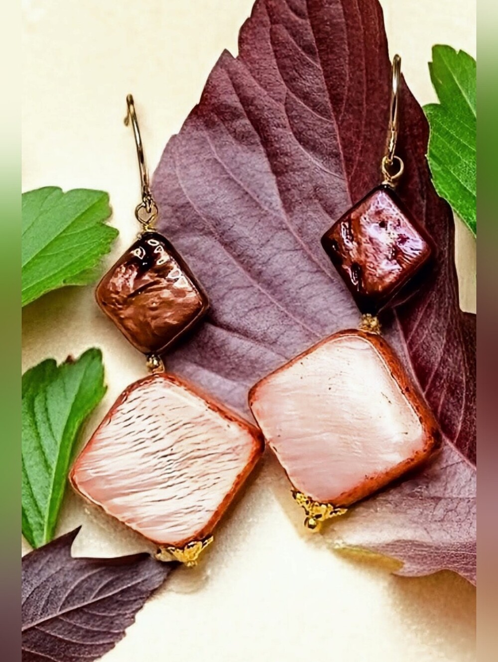 Pink Coral  Mother Of Pearl & Red Pearl In Gold Plated Earrings
